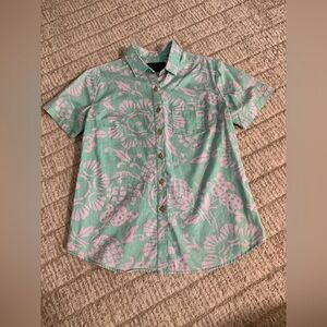 Kahala Women’s Hawaiian Aloha Shirt pareo print Green and Pink size s